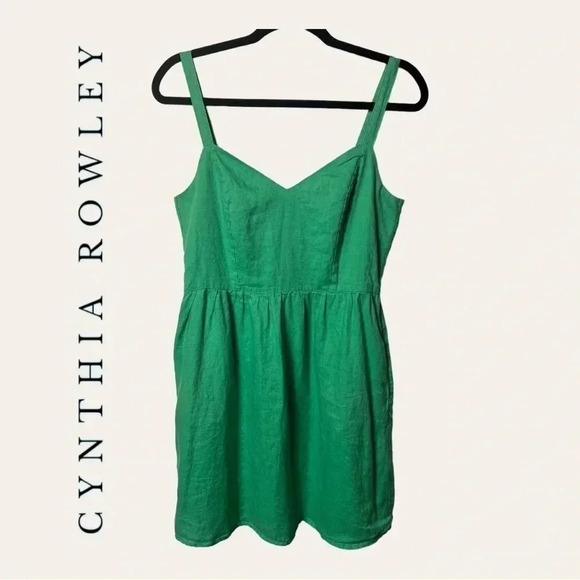 1180. Cynthia ROWLEY 100% LINEN SUMMER MINI DRESS KELLY GREEN IN‎ COLOR SIZE S - Picture 1 of 9